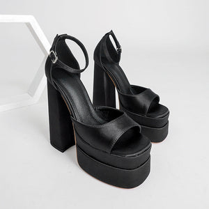 Women platform square peep toe side holow buckle strap chunky heels