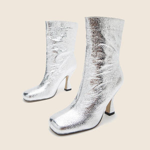 Women mid calf sequin stiletto high heel square toed boots