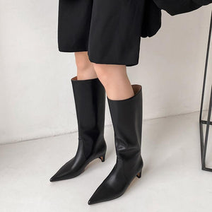 Women chunky medium heel pointed toe slip on knee high boots