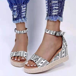 Women espadrille flower printed ankle strap slip on wedge sandals