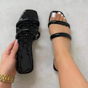 Women two strap square peep toe plaid slide flat sandals