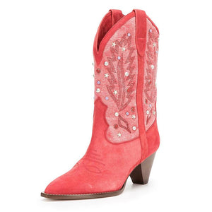 Women mid calf rhinestone embroidered flower chunky heel cowboy boots