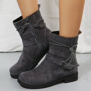 Women ankle lace side zipper buckle strap chunky low heel short boots
