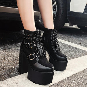 Women platform chunky heel lace up prom punk black boots