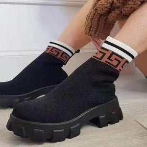 Women winter chunky platform knit slip on sock booties