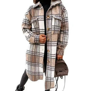 Women winter fall long sleeve turn-down collar button up plaid coat