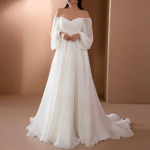 White boat neck cold shoulder floor-length wedding dress | Longs lantern sleeves maxi dress summer party dress