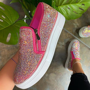 Women's cute glitter slip on platform sneakers zipper comfort walking shoes