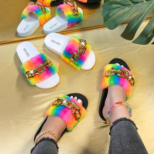 Women fuzzy chain d¨¦cor strap slide platform sandals
