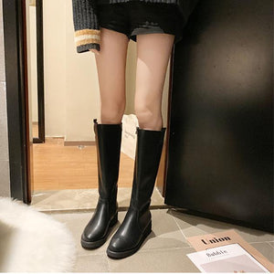 Women knee high chunky heel side zipper black boots