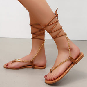 Women summer fashion chain strap lace up flat sandals
