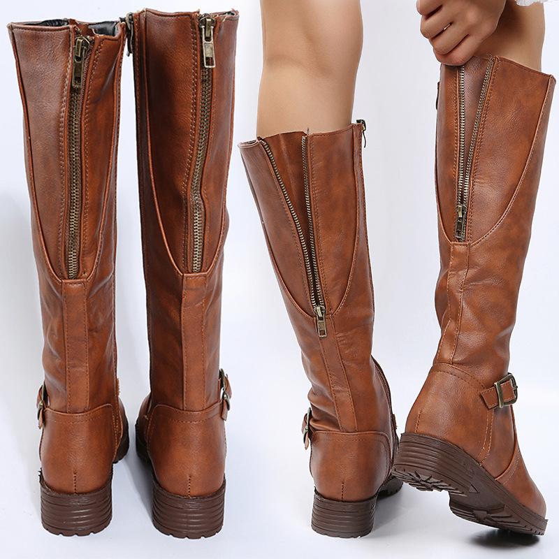 Women chunky heel buckle strap side zipper knee high boots