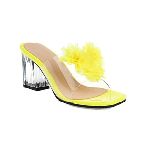 Women flower peep toe strap slide chunky clear heels