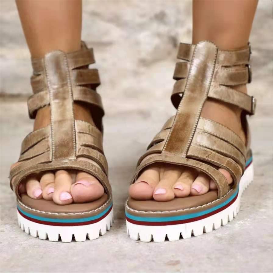 Women hollow breathable buckle strap back zipper flatform sandals