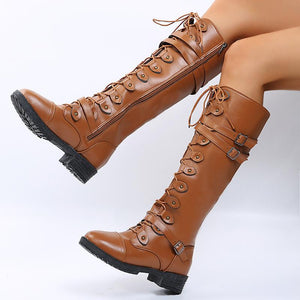 Women knee high chunky heel buckle strap lace up boots