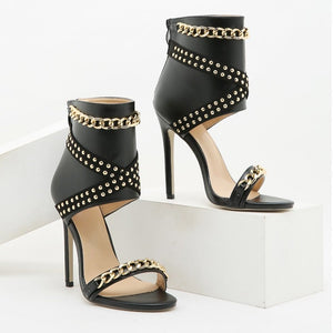 Women chain studded hollow back zipper stiletto high black heels