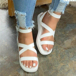 Women peep toe buckle criss cross ankle strap flat sandals