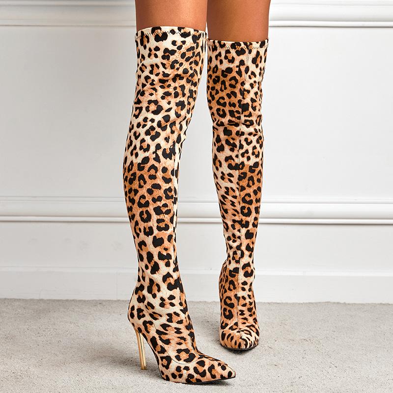 Women over the knee stiletto pointed toe leopard print boots