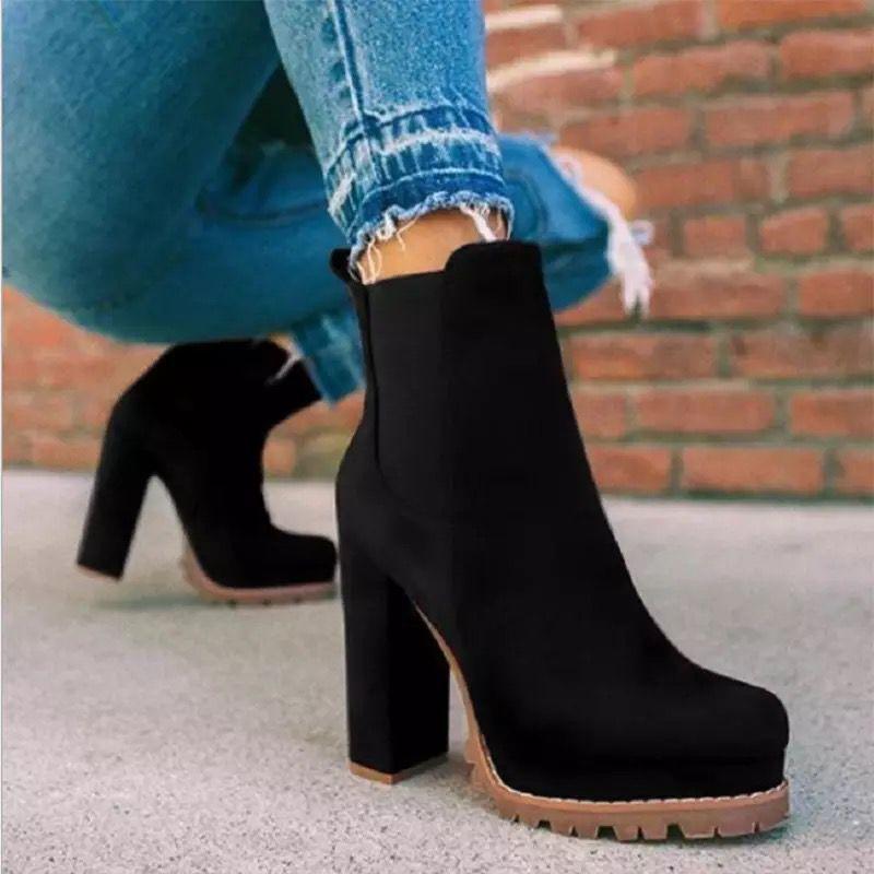 Women short slip on platform chunky high heel boots