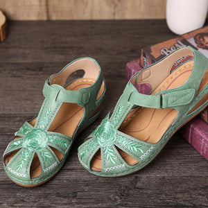 Women stitching flower hollow magic tape thick sole comfy sandals