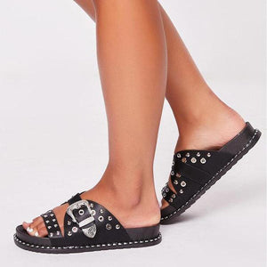 Women peep toe studded buckle strap slide platform sandals