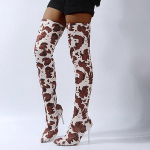 Women fashion printed stiletto high heel pointed toe over the knee boots