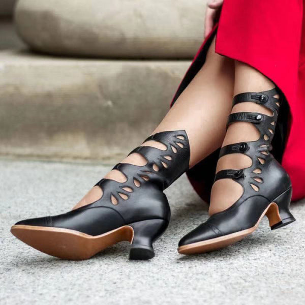 Women mid calf hollow cut out dress boots | Pointed toe mid calf kitten heels