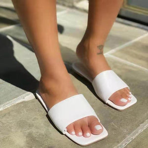 Women square peep toe summer beach flat slide sandals