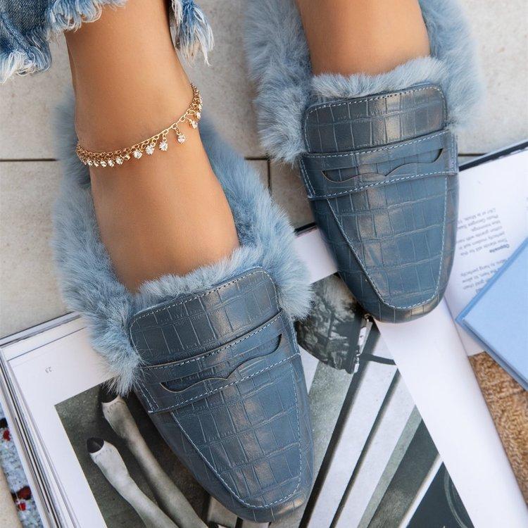 Women winter fuzzy warm slip on mules | closed toe flat slippers