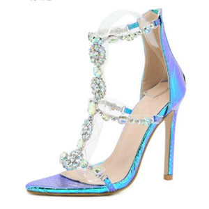 Women pointed peep toe strappy rhinestone stiletto heels
