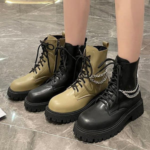 Women chain d¨¦cor chunky platform lace up short motorcycle boots