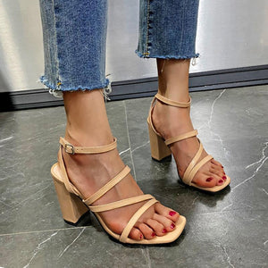Women square open toe strappy chunky heels