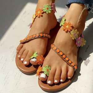 Women boho beach flower ring toe flat sandals