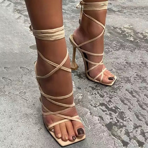 Women square open toe stiletto slingback strappy lace up heels