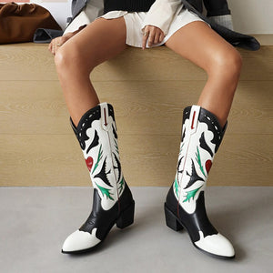 Women color block embroidered hollow chunky heel mid calf boots