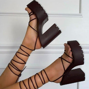 Women criss cross strappy lace up platform chunky heels