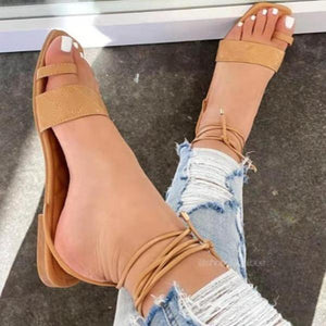 Women summer beach ring toe flat strappy lace up sandals