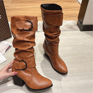 Women knee high boots vintage buckle strap slip on chunky heel boots round toe