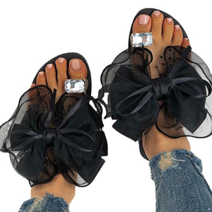 Women fashion bowknot rhinestone ring toe beach slide flat sandals