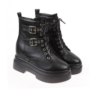 Women studded buckle strap lace up short black boots