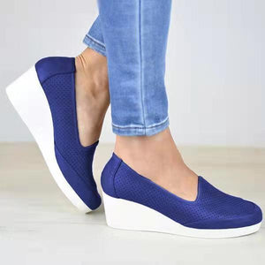 Women fashion casual round toe shallow slip on wedge chunky heel loafers