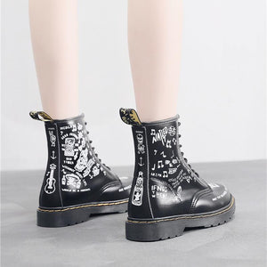 Women letters cartoon printed chunky platform lace up motorcyle boots