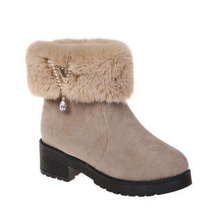 Women chunky heel rhinestone pendant faux fur short snow boots