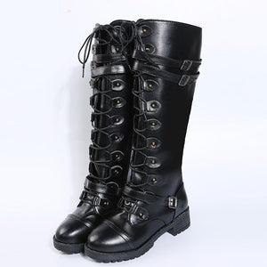 Women knee high chunky heel buckle strap lace up boots