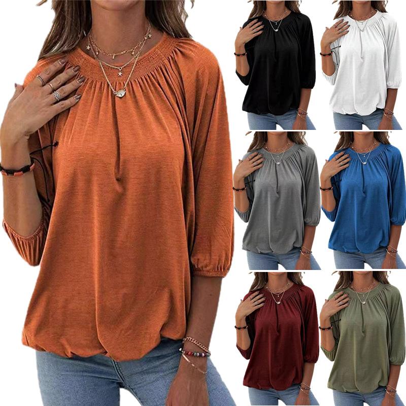Women solid color seven point long sleeve crew neck t shirt