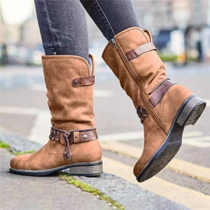 Women winter snow side zipper chunky heel mid calf boots