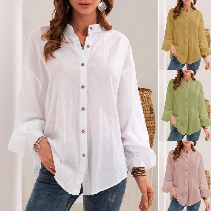 Women solid color turn-down collar long sleeve ladies tops and blouses