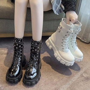 Women buckle strap lace up chunky platform motorcycle boots