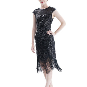 Vintage 1920s sequins tassels evening gowns party dress | Sexy elegant sleevesless midi dress dancewear dress