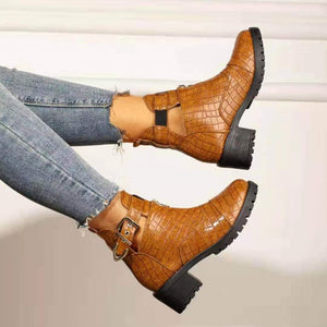 Women chunky heel front zipper buckle strap ankle boots